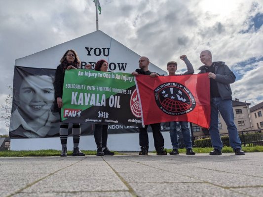 Διαμαρτυρία αλληλεγγύης  της IWW για τα Πετρέλαια Καβάλας στο Αμβούργο και στο Ντέρι της Ιρλανδίας την Πρωτομαγιά 